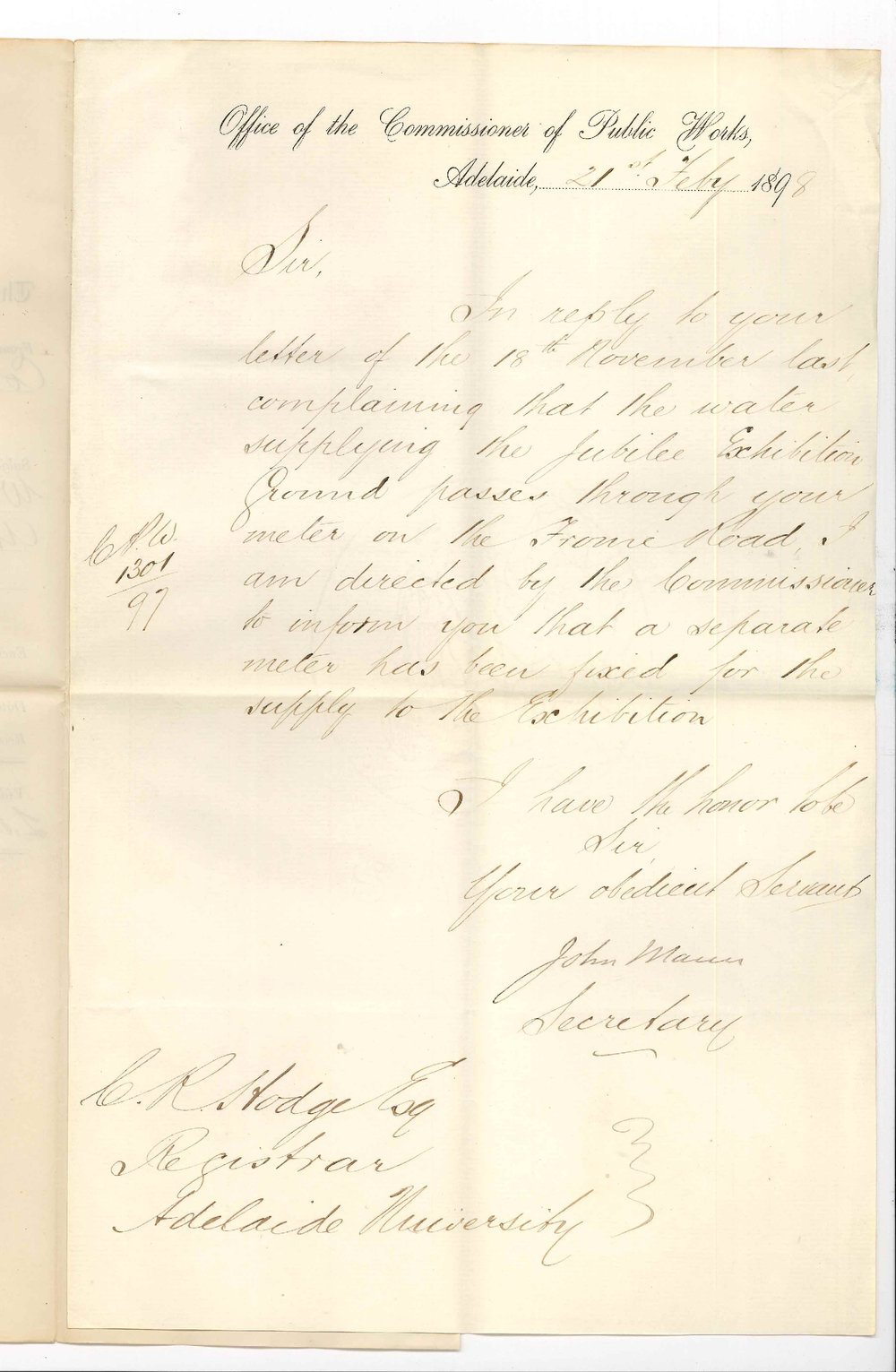 John Mann - Secretary - Commissioner of Public Works - Concerning the Water Supply at the Anatomical Laboratory