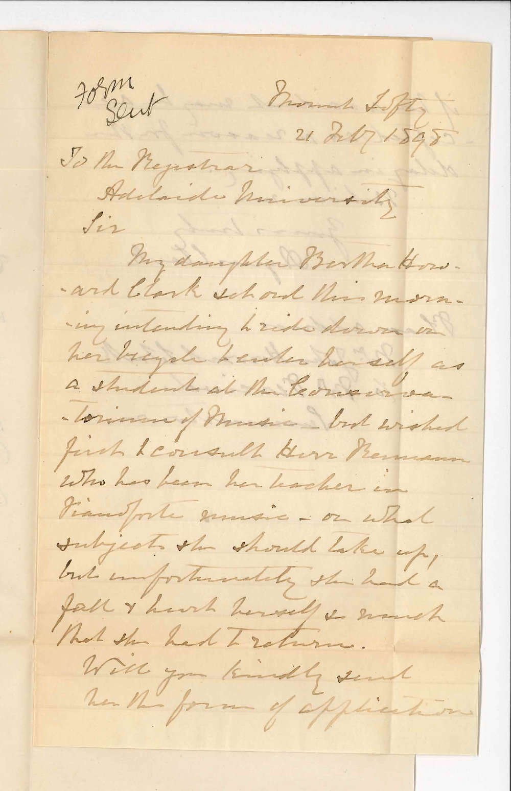 Mrs Howard Clark - Mount Lofty - Referring to the Conservatorium Students Course form required for Berth Howard Clark