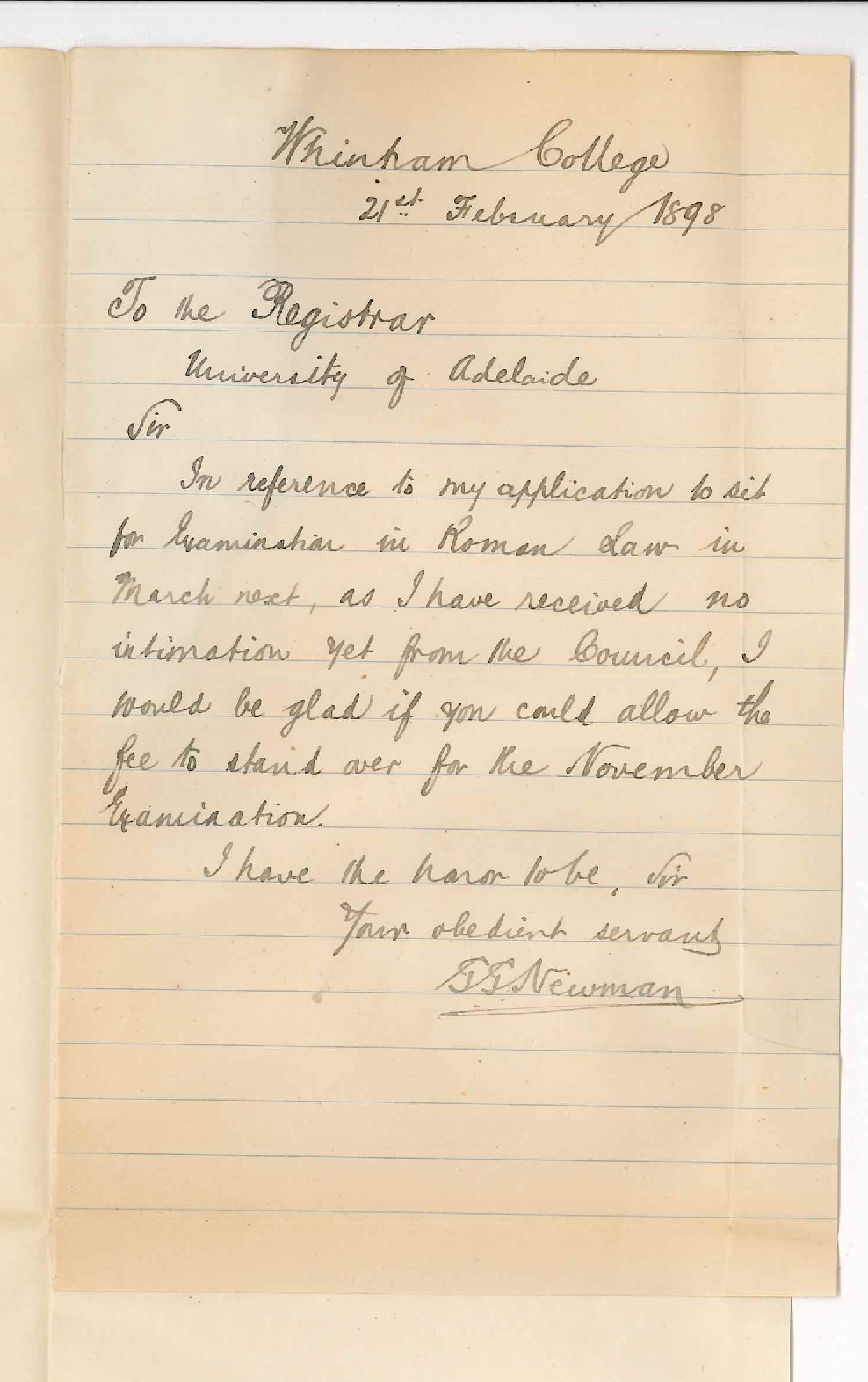 G G Newman - Whinham College - Withdraws LLB Exam fee to be placed to Credit