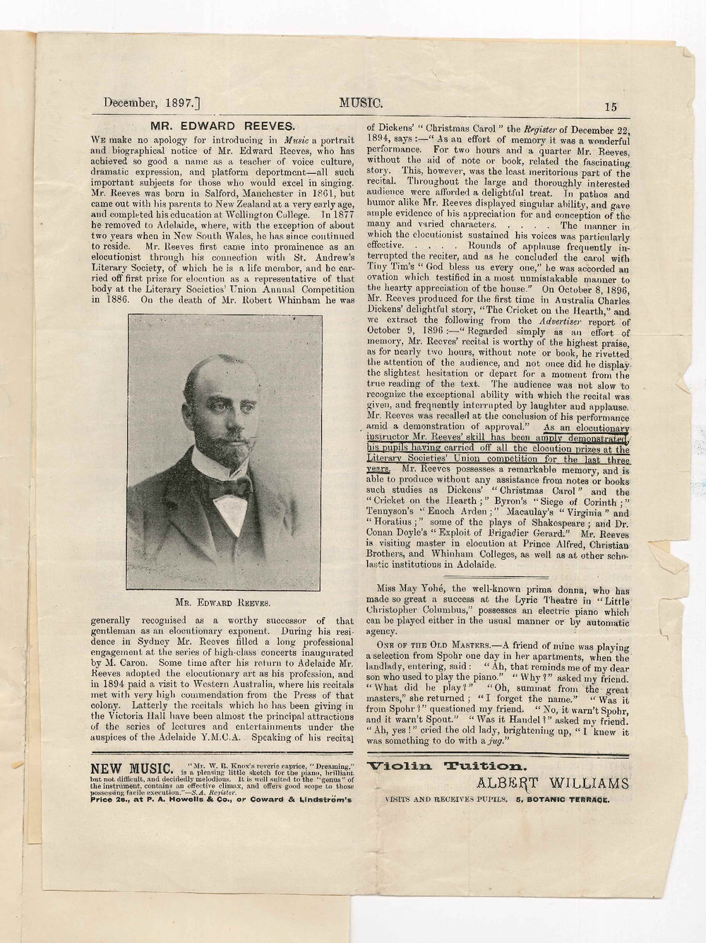 Edward Reeves - Adelaide - Application for position as Teacher of Elocution