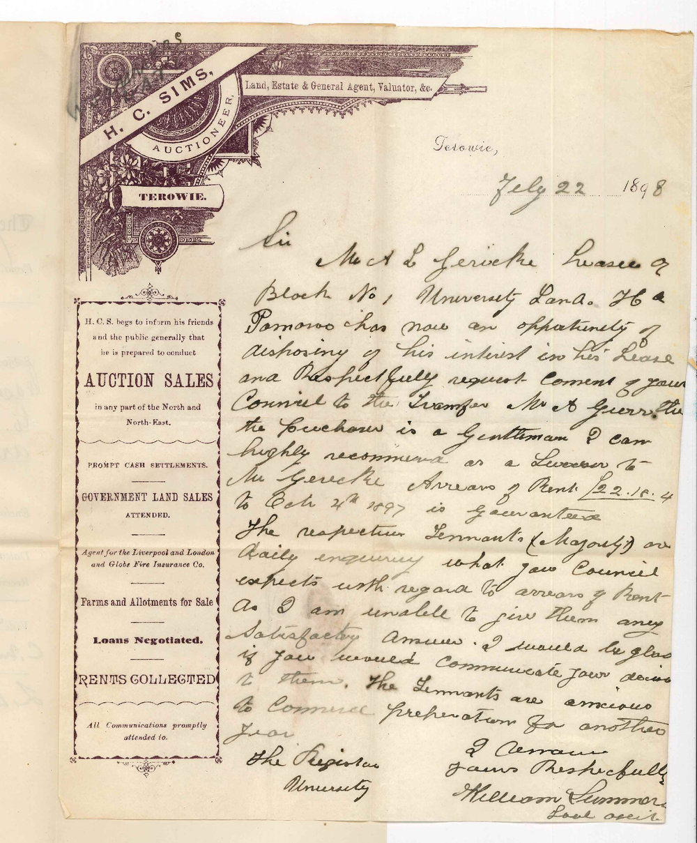 William Summers - H C Sims - Terowie - Request to transfer Leases of Block 1 from L Gericke to A Gurr and concerning arrears of rent