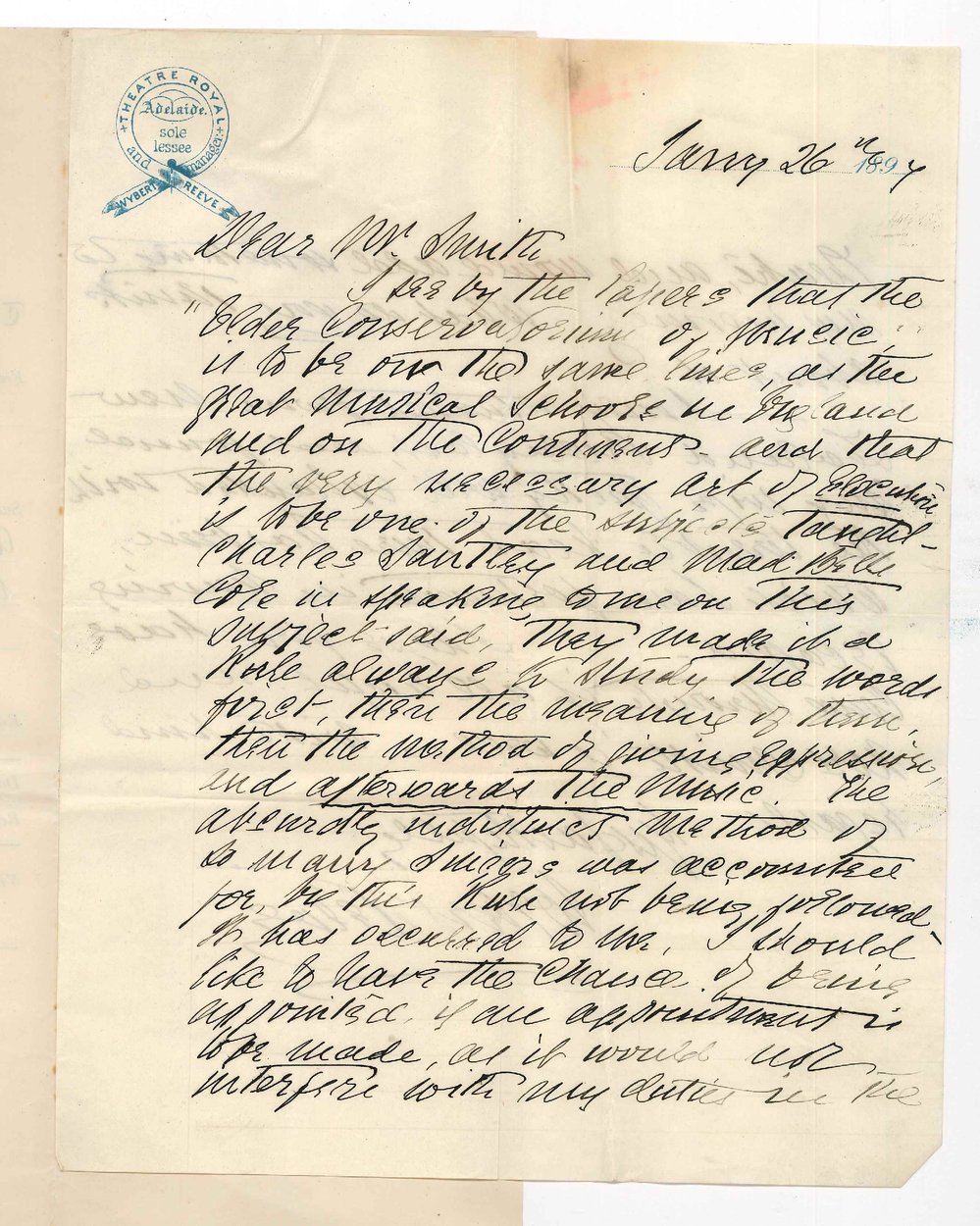 Wybert Reeve - Theatre Royal - Application for position as Teacher of Elocution in Conservatorium