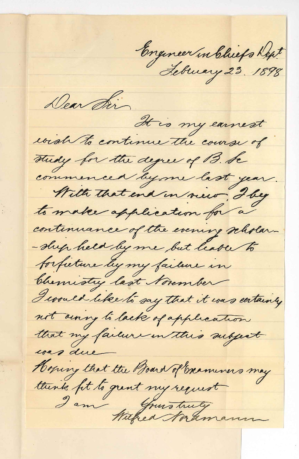 Wilfred Nordmann - Engineer in Chiefs Office - Request to be allowed to continue Evening Scholarship