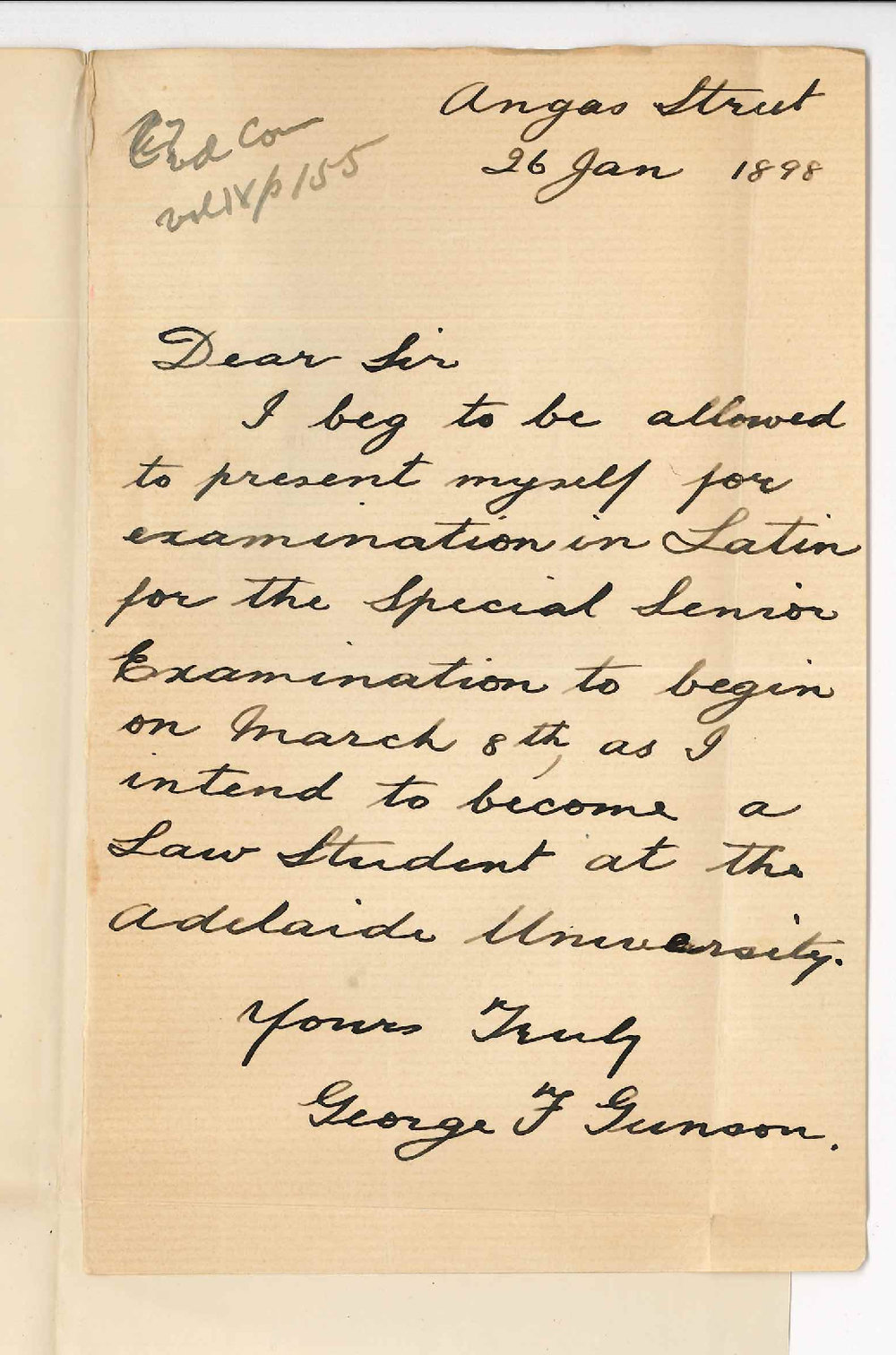 George F Gunson - Request to be allowed to sit for Examination at Special Senior in March 1898