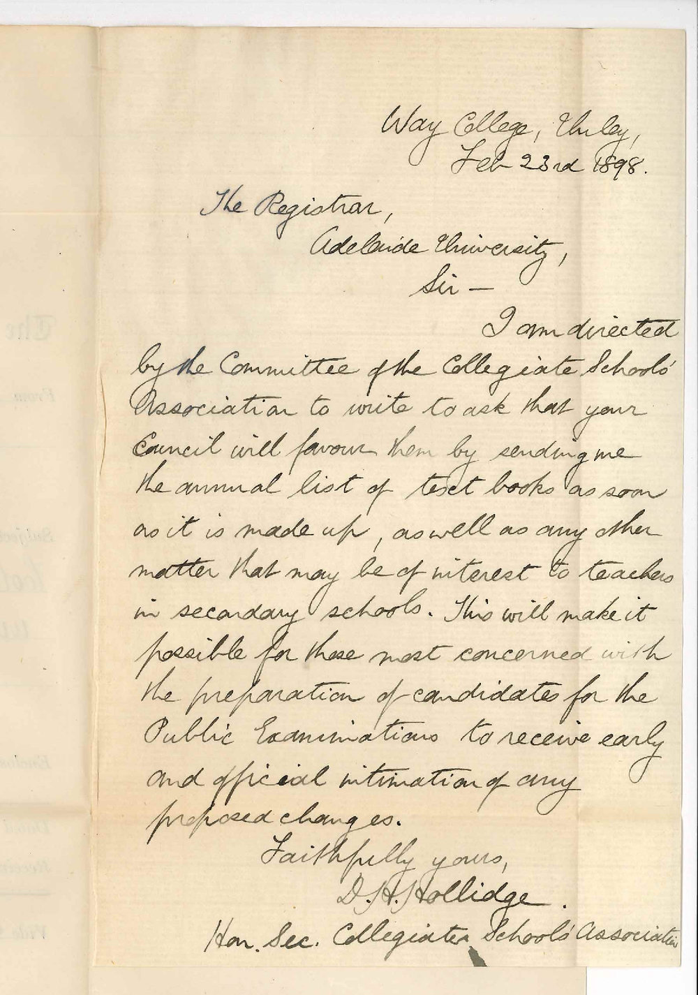 David Henry Hollidge - Way College - Unley - Asking Council to supply Collegiate Schools Association with annual list of Textbooks