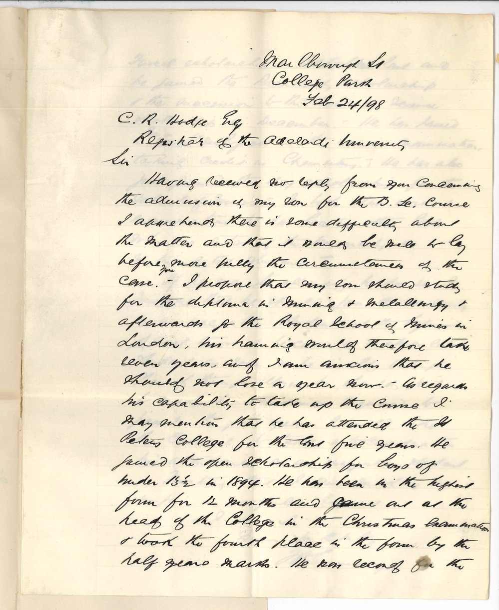 F J Greenway - College Park - Concerning a request that his son may enter immediately as a Student though under 16
