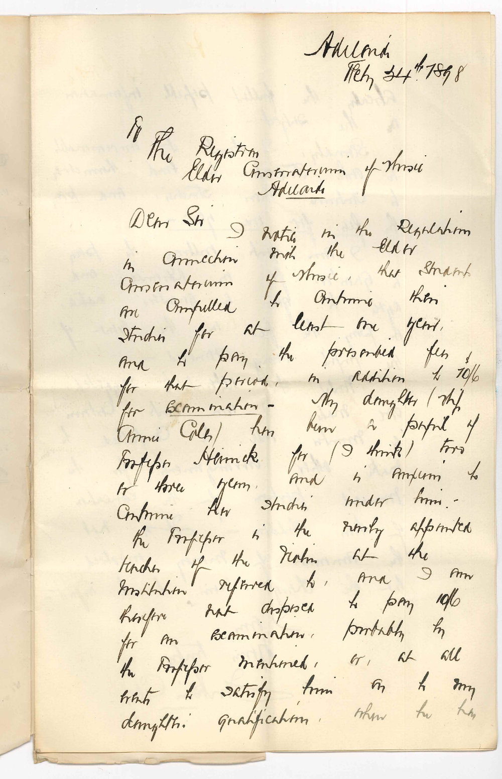Sir Jenkin Coles - Adelaide - Concerning the Conservatorium and objecting to Exam fee of 10/6