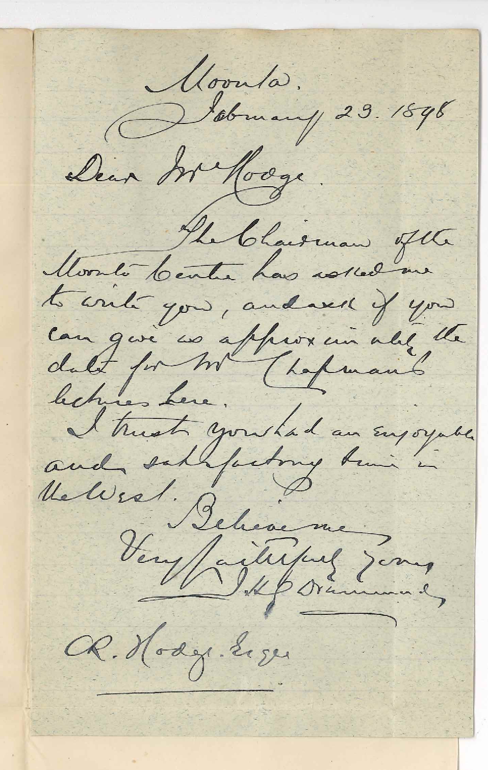 Dr J H G Drummond - Moonta - Asking for approximate date of Mr Chapmans Lectures at Moonta