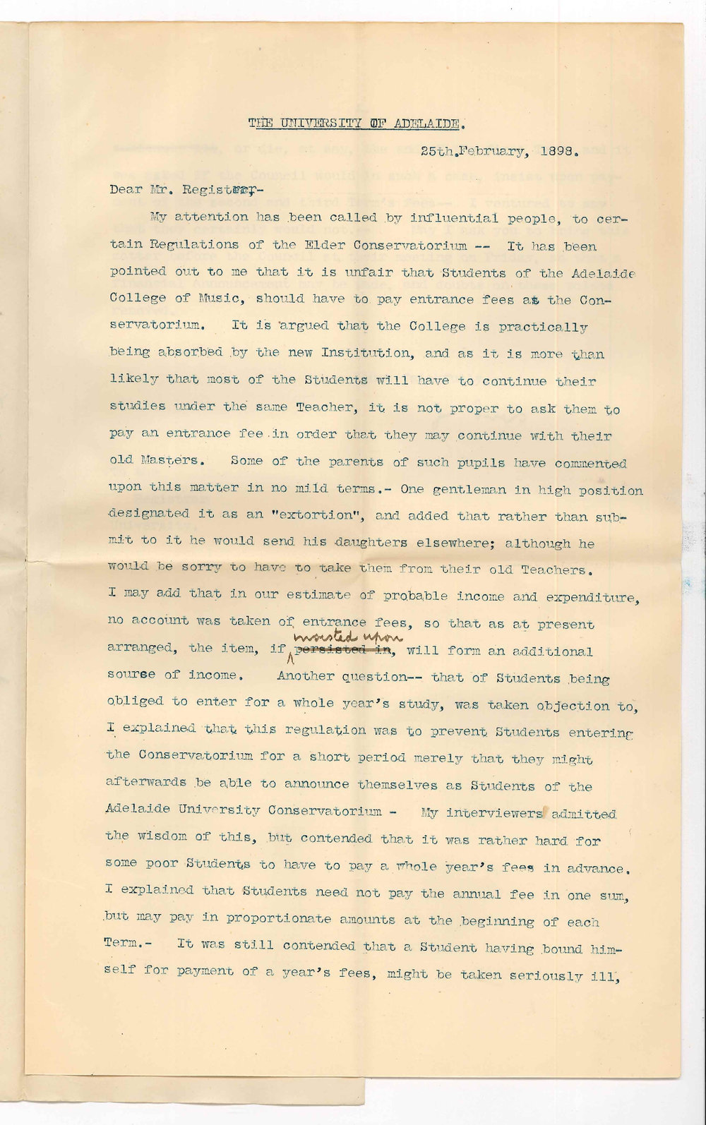 Professor Joshua Ives - Concerning the Entrance Exam fee of 10/6 and the question of students being obliged to enter for a whole years study