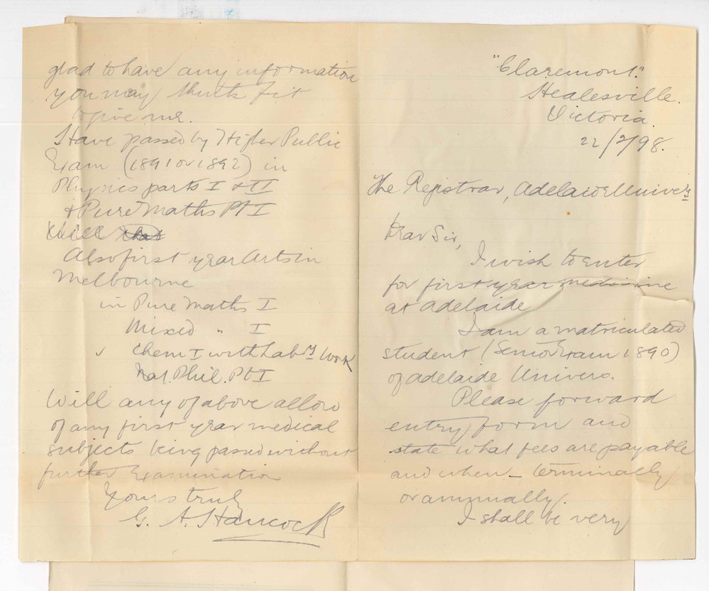 George Alfred Hancock - Healesville - Victoria - Stating intention to enter as Medical Student and asking particulars etc