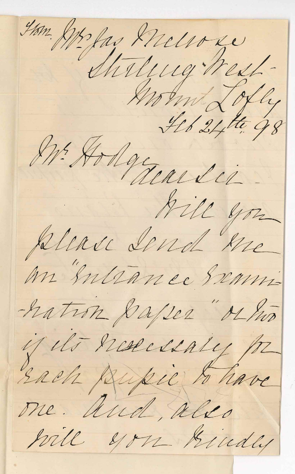 Mrs James Melrose - Mount Lofty - Particulars for students entering the Conservatorium