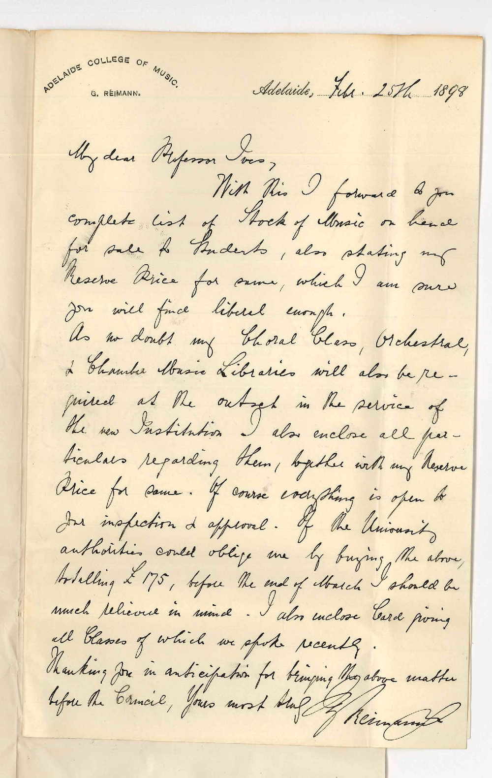 Herr Gotthold Reimann - College of Music - Adelaide - to Professor Joshua Ives - Forwarding List with prices of Stock of Music at College