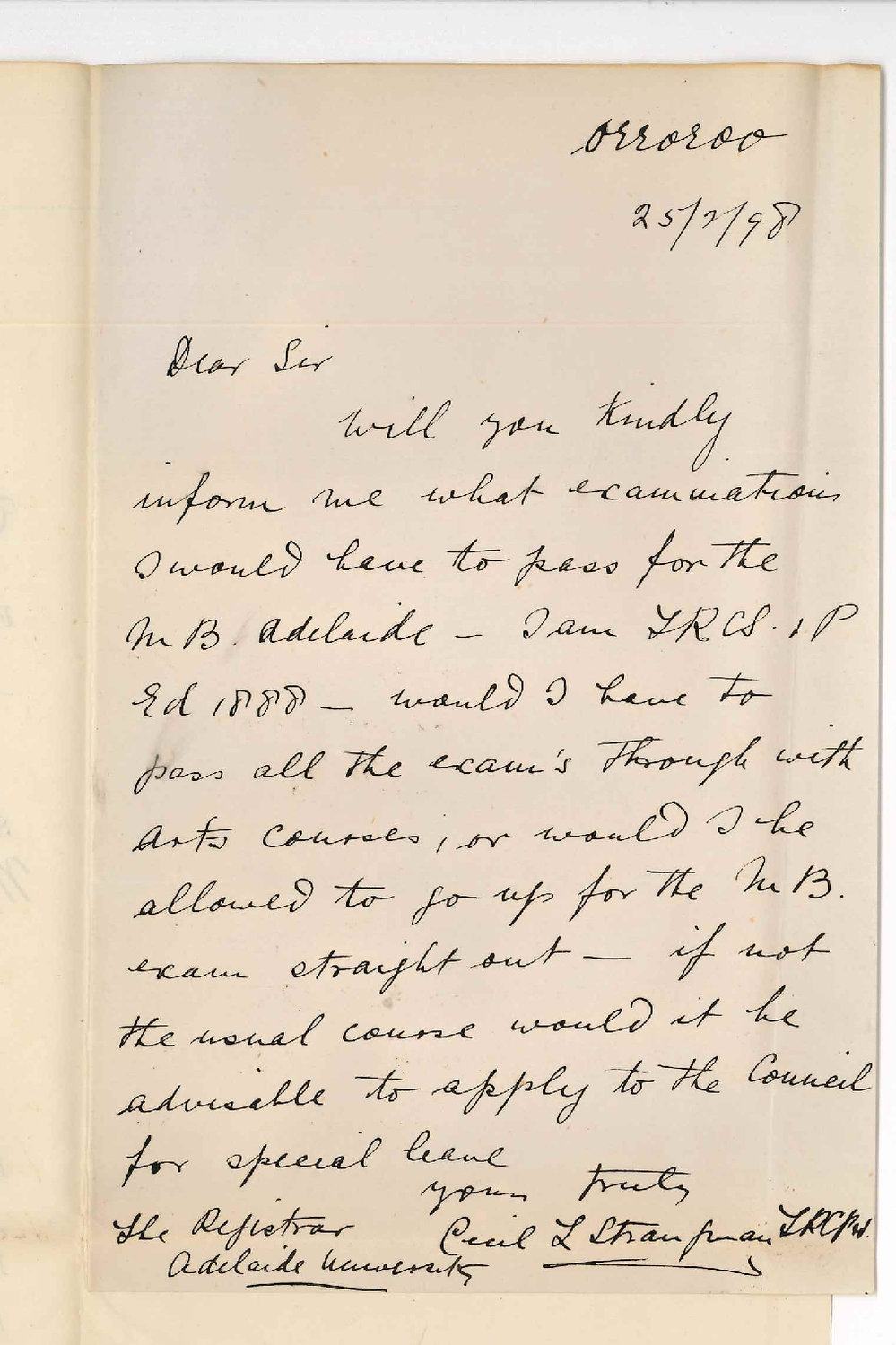 Cecil P Strangman LRCP LRCS - Orroroo - Information re MB Course