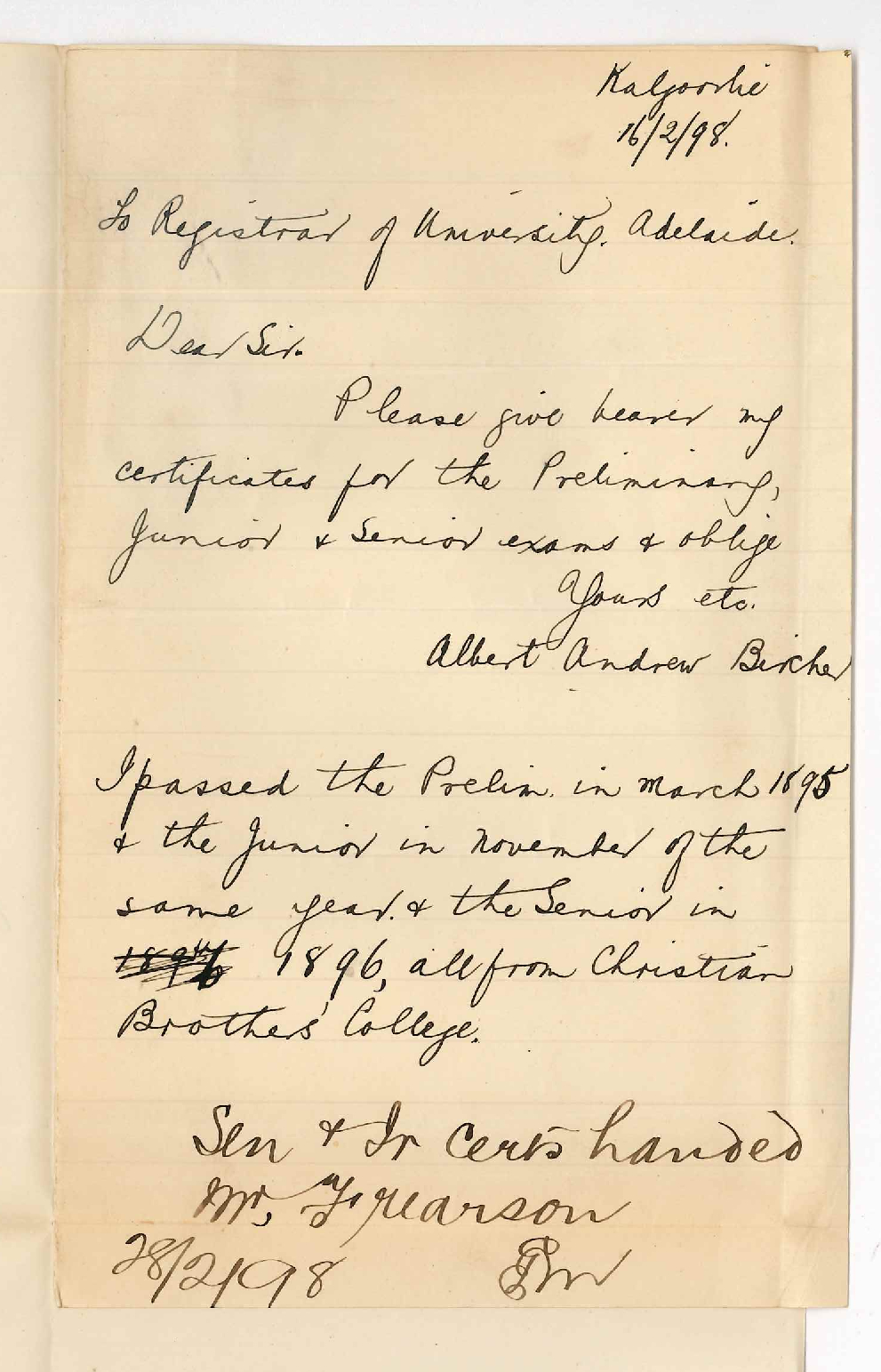 Albert Andrew Bircher - Kalgoorlie - Request for Certificates Junior and Senior Public