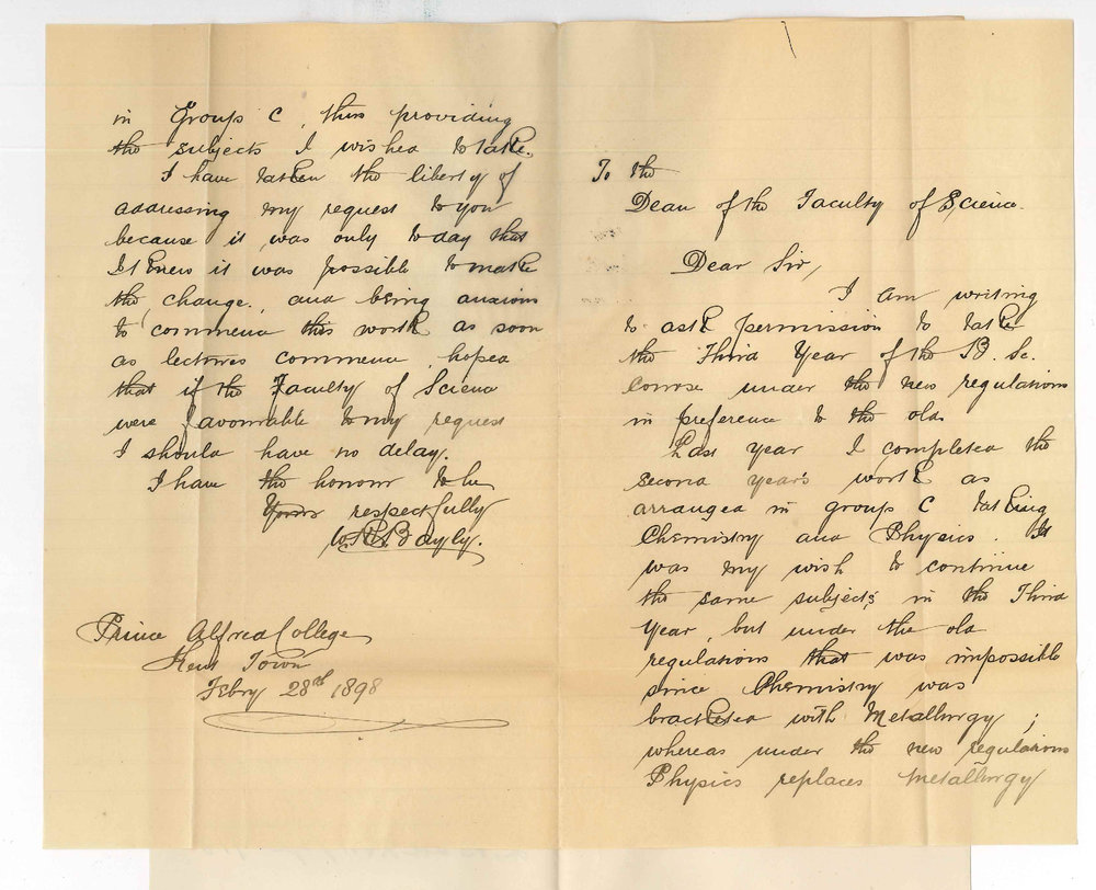 William Reynolds Bayly - Prince Alfred College - Asking permission to take 3rd Year BSc under New Regulations