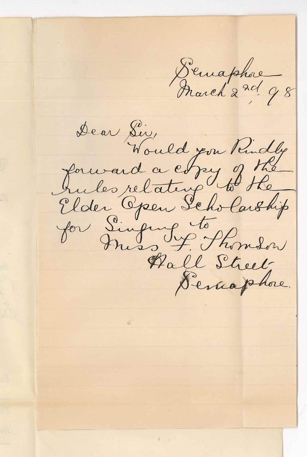 Miss F Thomson - Semaphore - Information concerning open scholarship for Singing