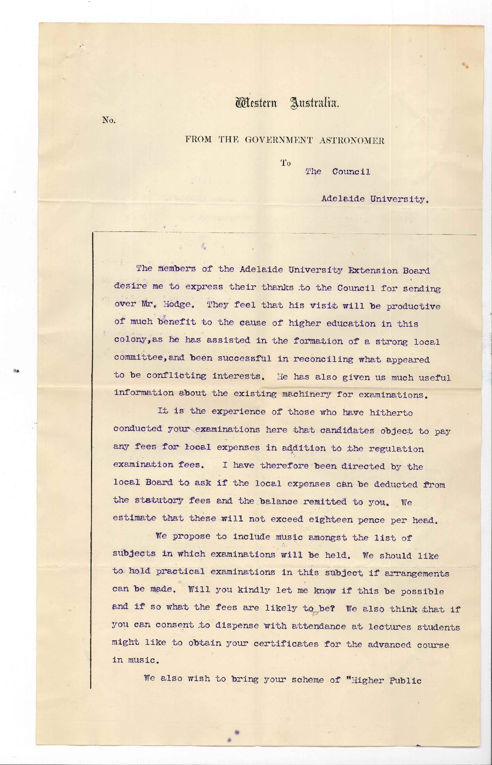 William Ernest Cooke - Honourable Secretary University Committee Perth - Report on reconstruction of Perth Exam Centre Suggesting Higher Public Exams be held at Perth