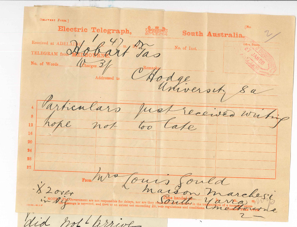 Mrs Louis Gould - Hobart - Application for position as teacher in Conservatorium