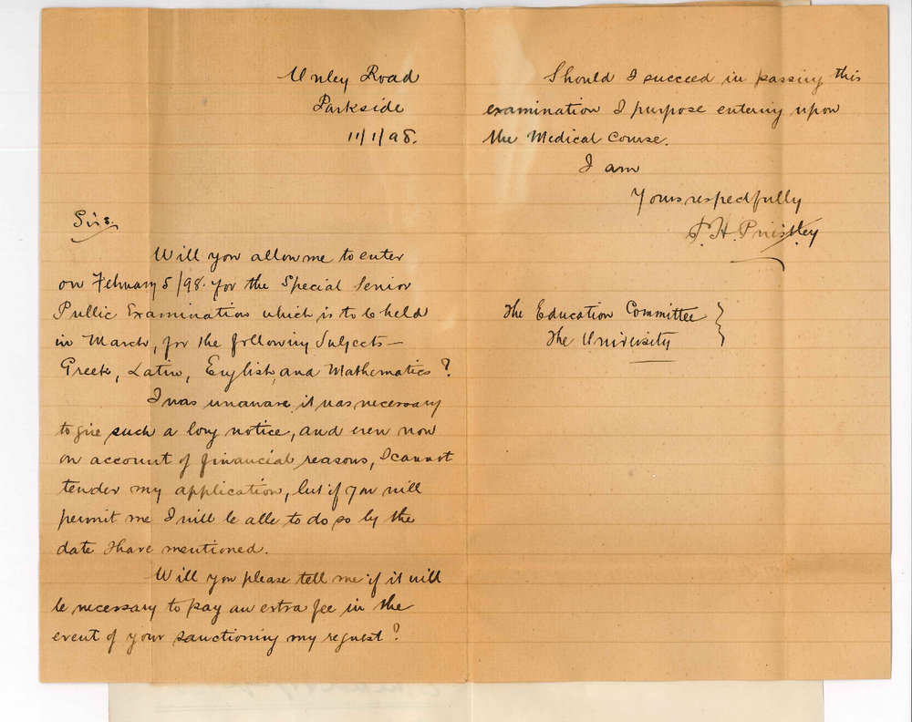 P H Priestley - Parkside - Permission to Enter on 5 February 1898 for Senior Public Exam in March with intention to proceed to the Medical Course