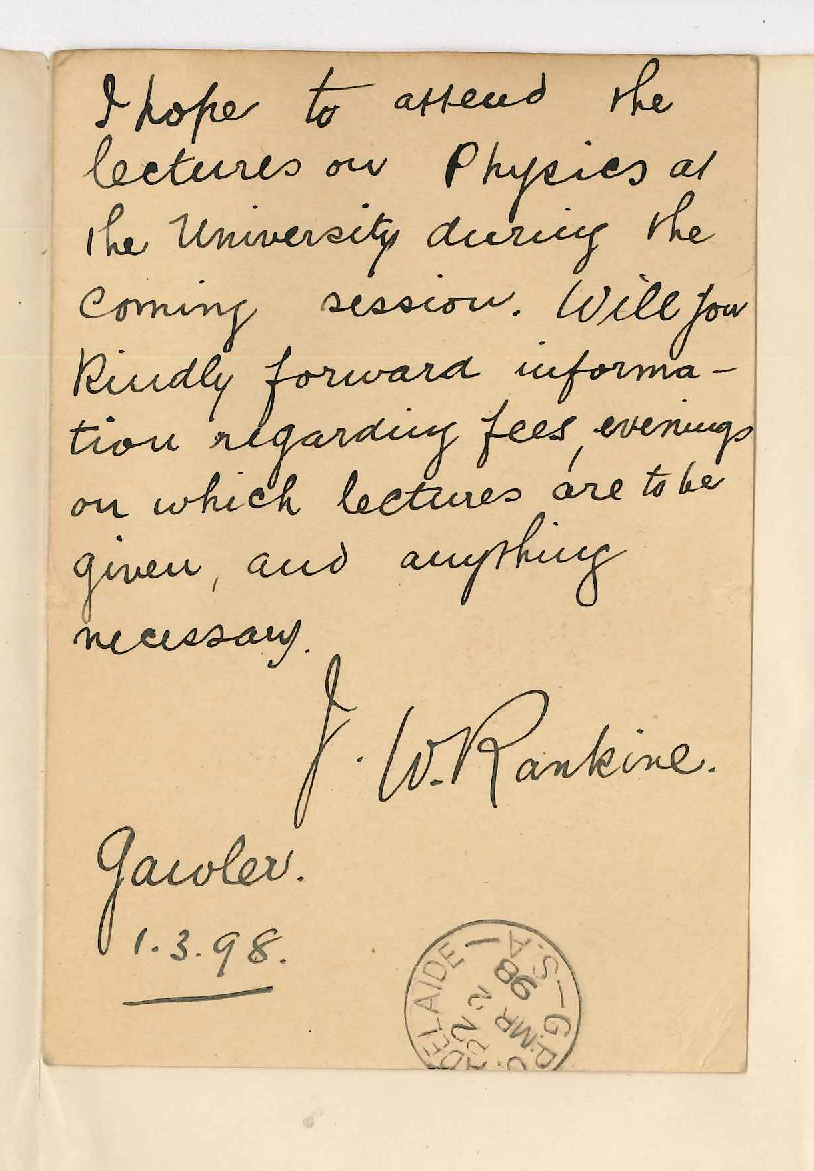 J W Rankine - Gawler - When lectures on Physics will be given and what fees will be charged
