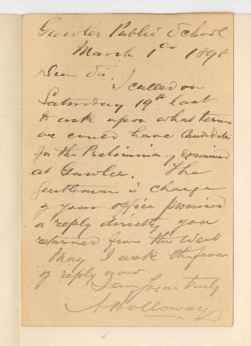 A Holloway - Gawler Public School - If Gawler candidates be Examined locally