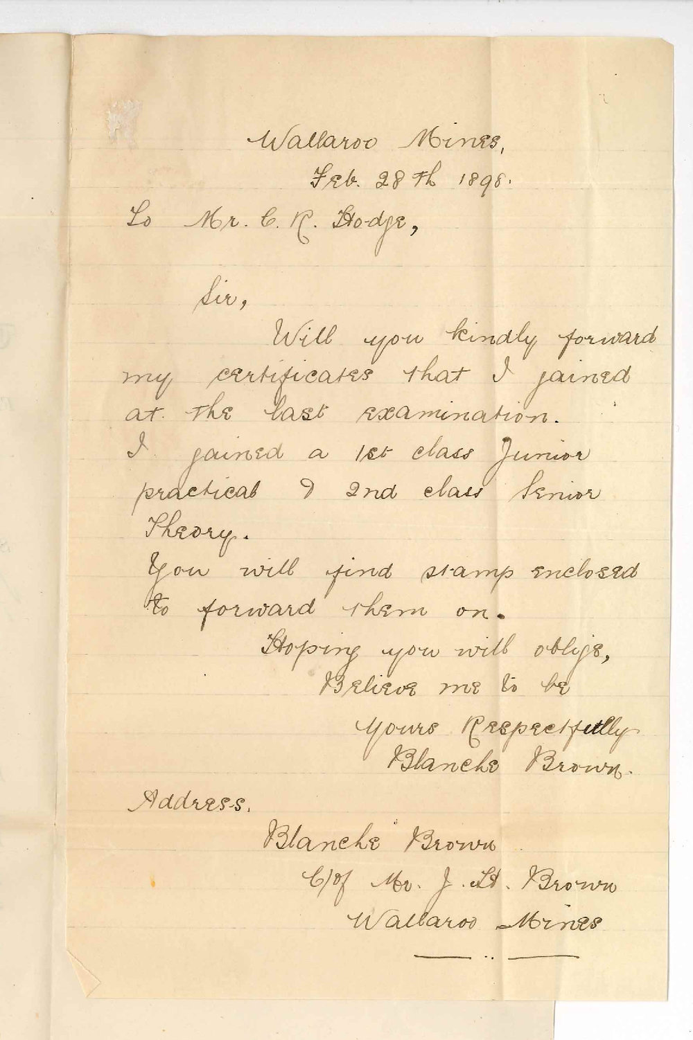 Blanche Browne - Wallaroo - Request for Junior Practical and Senior Theory certificates