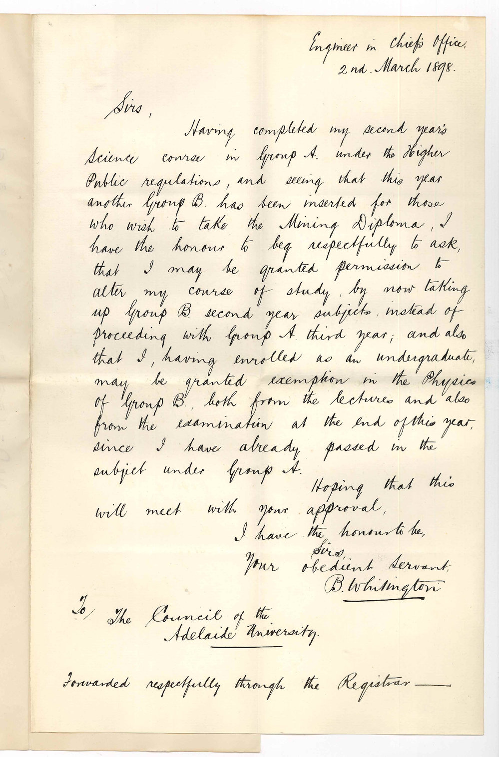 Bertrand Whitington - Adelaide - Wishing to take Group B subjects and be exempted from Physics