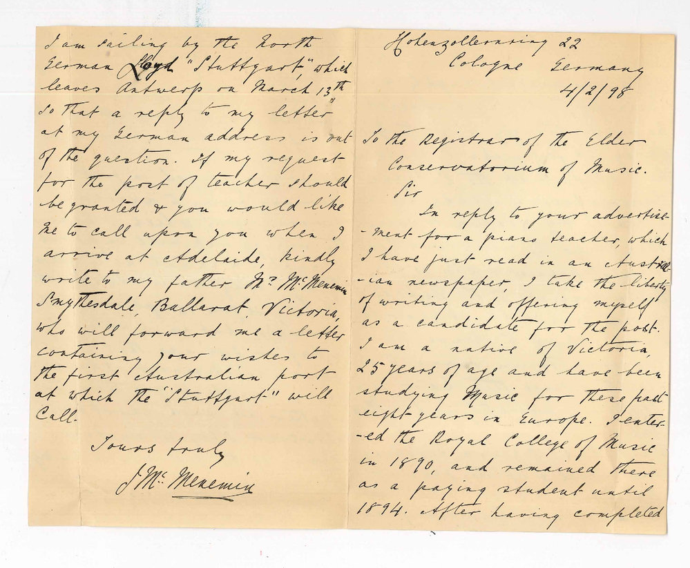 J McMenemin - Cologne - Application Teacher of Pianoforte