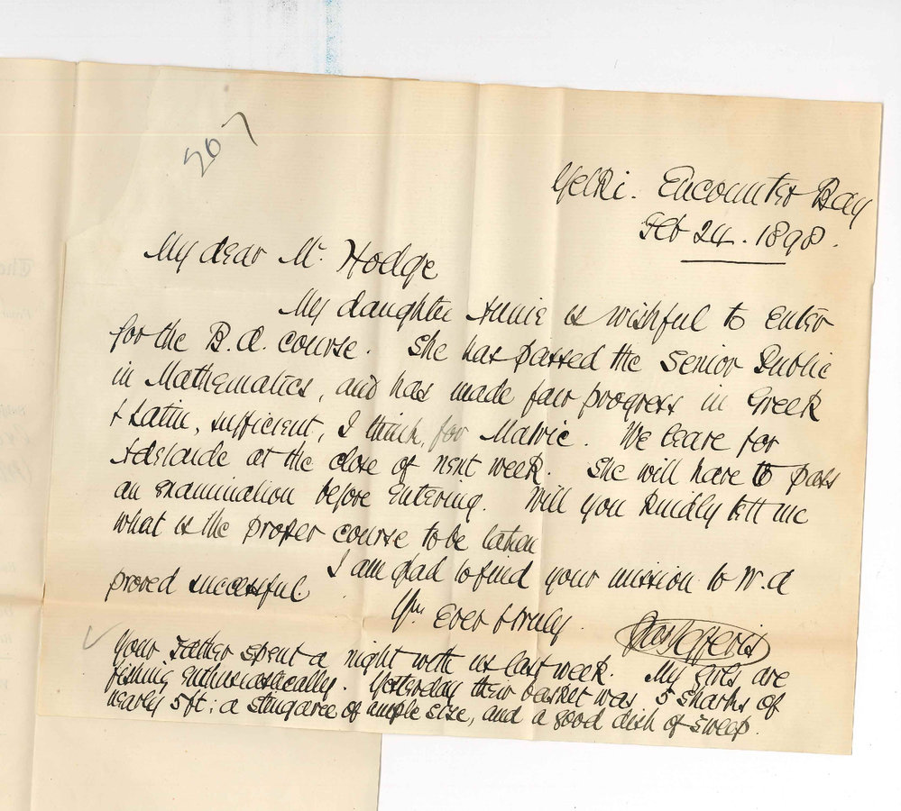 Reverend James Jeffreys - Concerning Entrance Exam for BA Course for Miss Annie Jeffreys