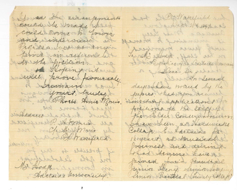 Miss Phoebe Annie Morris - Port Wakefield - Application for position on teaching staff at Conservatorium - Singing and Piano