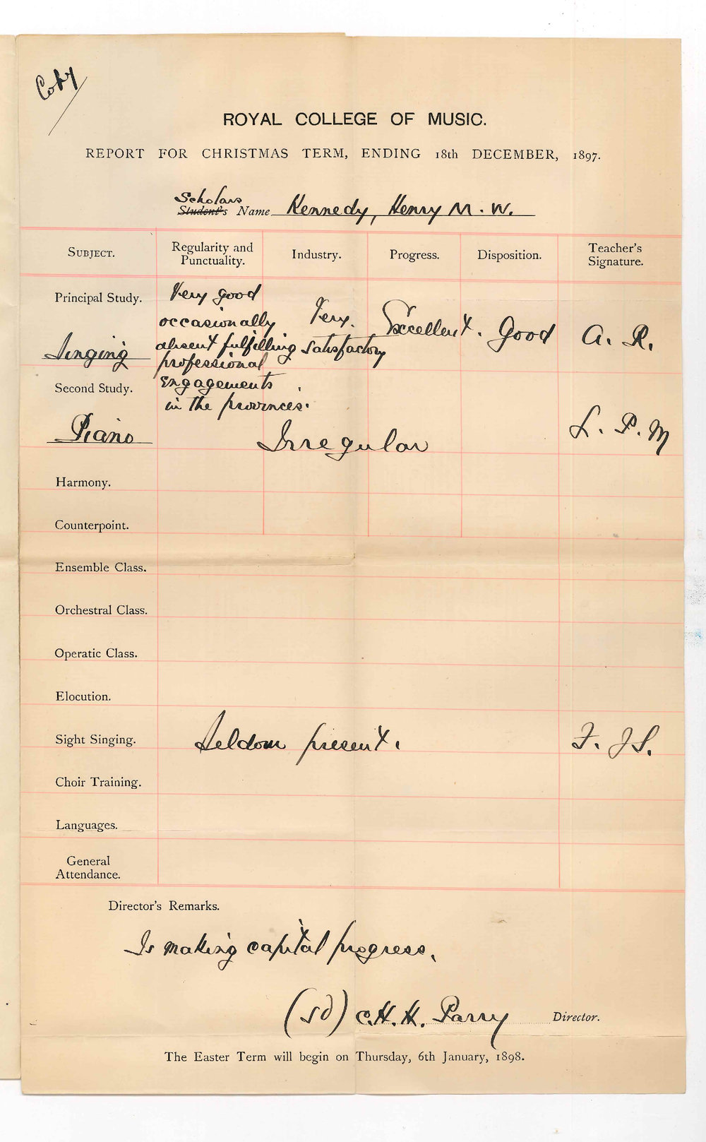 Charles Hubert Hastings Parry - Royal College of Music - Progress Report Henry M W Kennedy