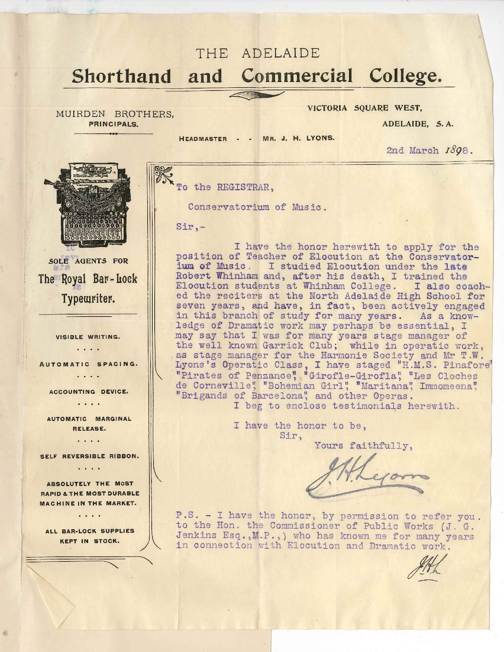 J H Lyons - Adelaide - Application Teacher of Elocution