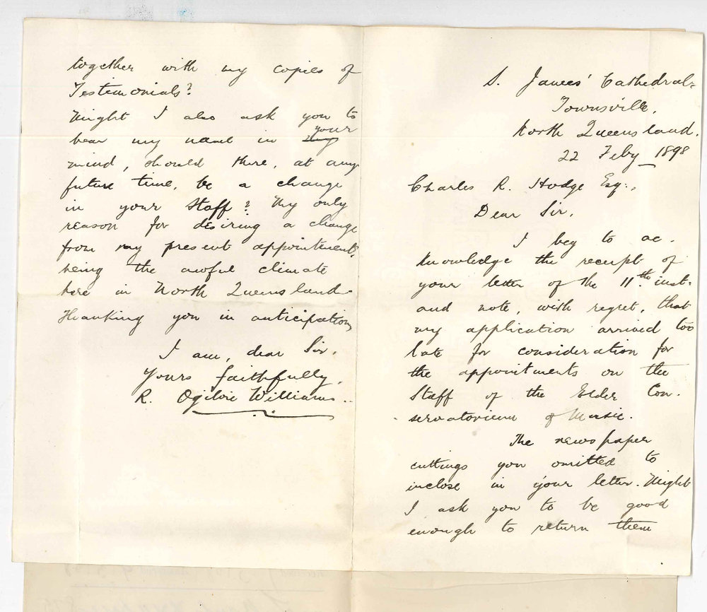 R Ogilvie Williams - Townsville - Concerning positions in Conservatorium  Teacher Piano