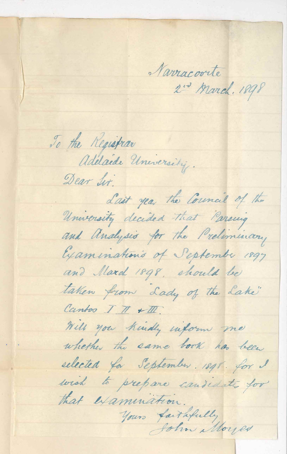 John Moyes - Naracoorte - If Lady of the Lake has been selected for Preliminary in September 1898