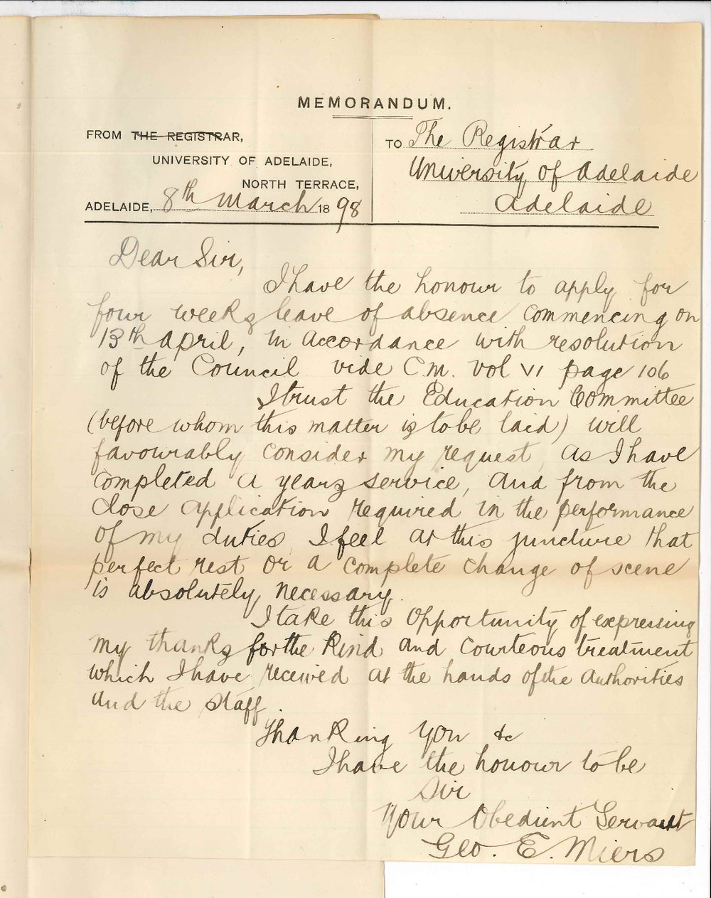 George E Miers - The University - Application for leave of absence