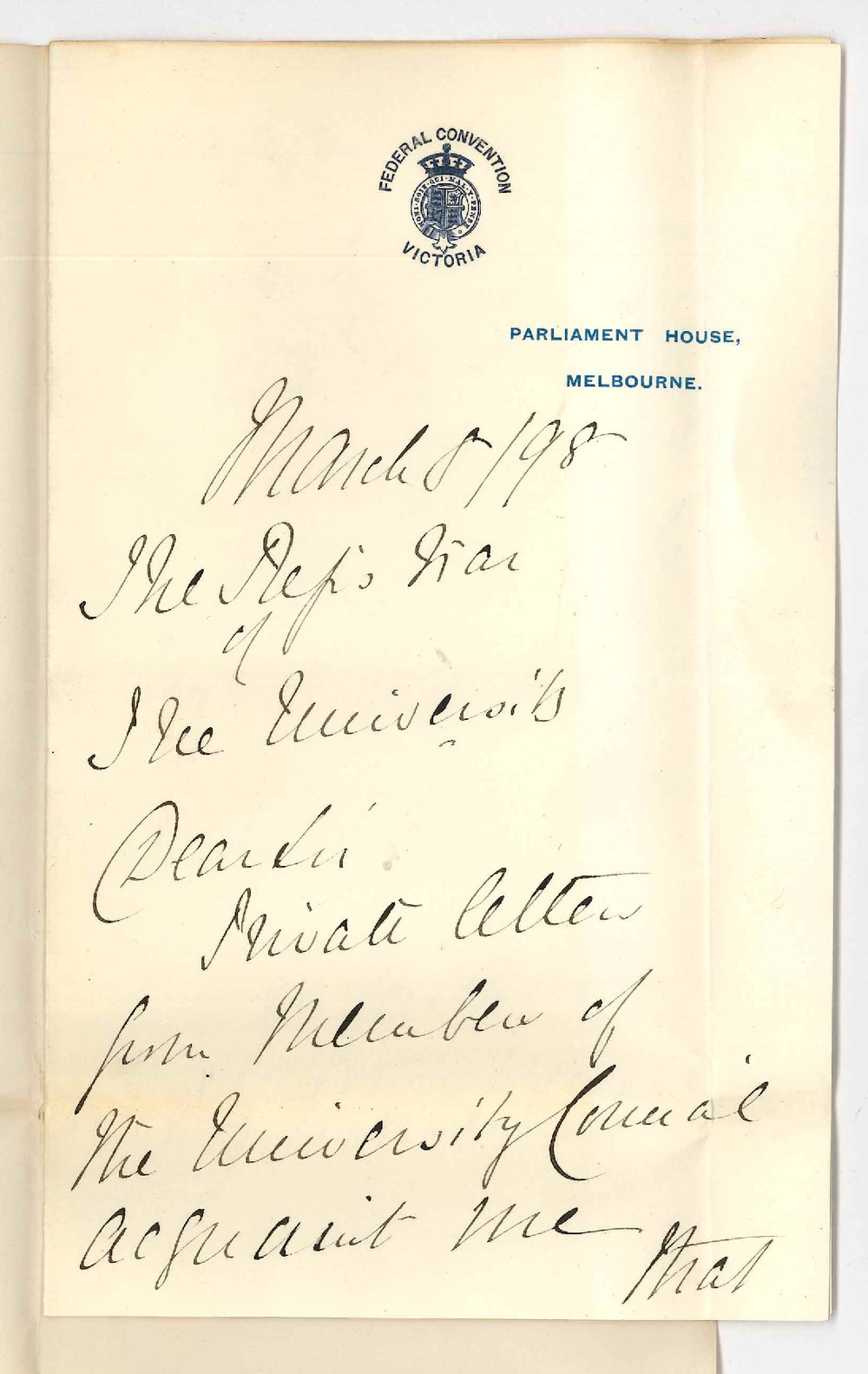 Edwin Gordon Blackmore - Melbourne - Wishes to know if he will receive Official Notice of the Councils Acceptance of his offer to give Course of Extension Lectures on English History