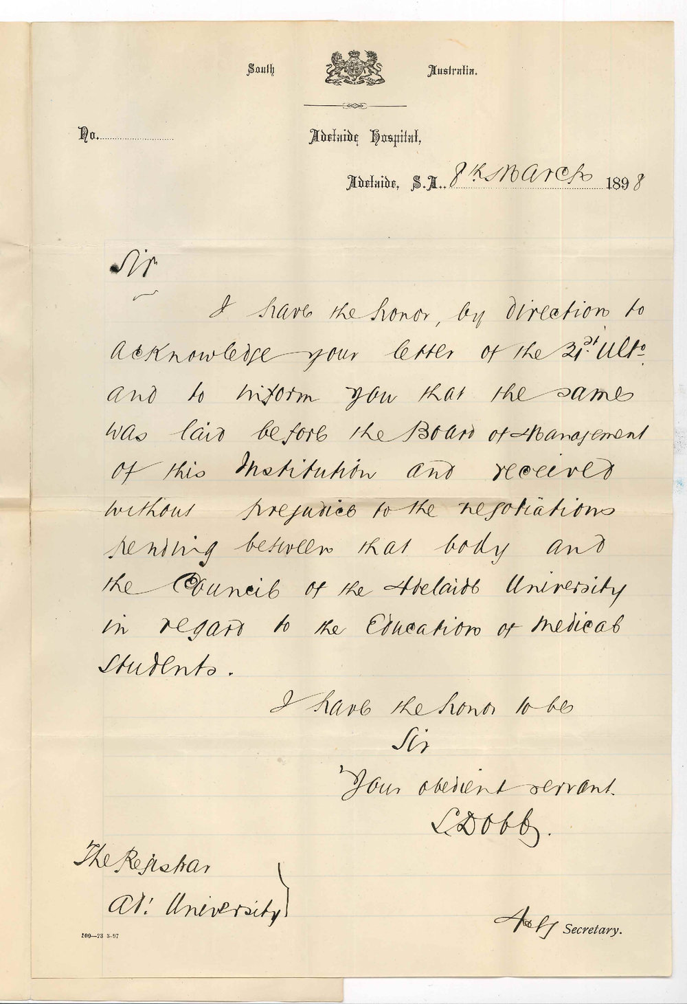 Stanley Dobbs - The Acting Secretary - Adelaide Hospital - Letter of 21st received without prejudice to negotiations etc etc