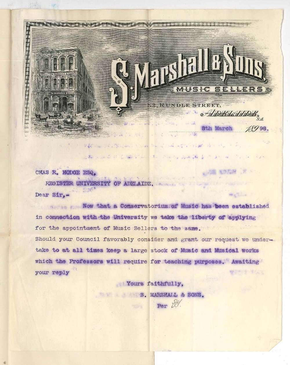 S Marshall and Sons - Adelaide - Asking for Appointment as Music Sellers to the Conservatorium