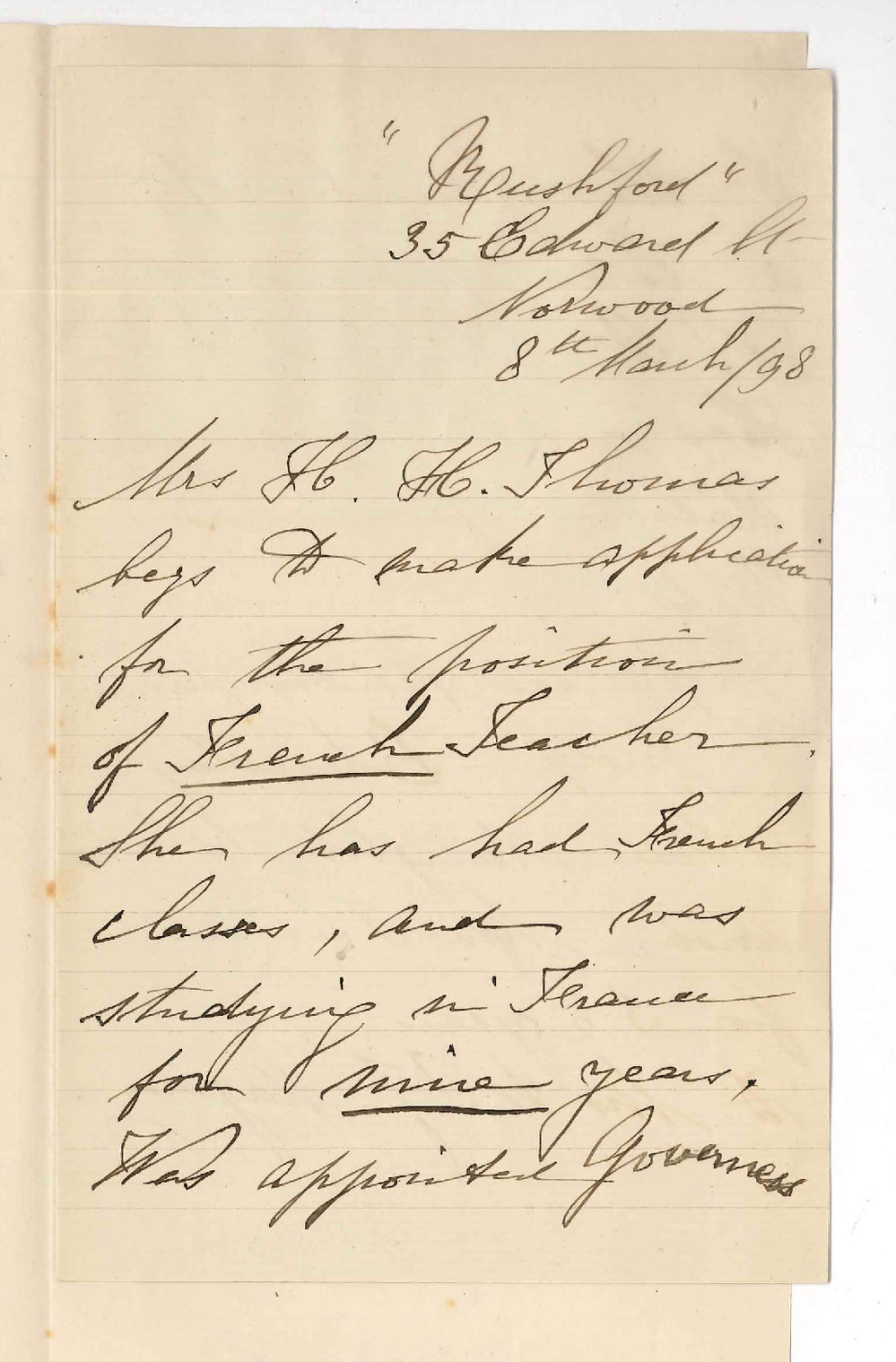 Mrs H H Thomas - Norwood - Teacher of French in the Conservatorium