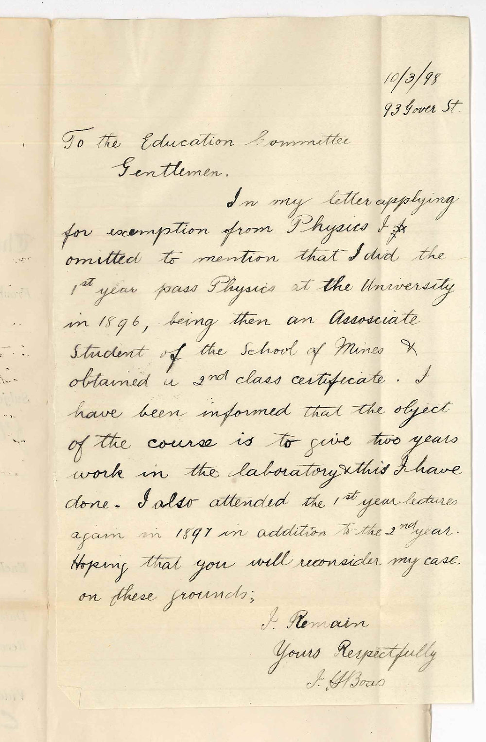 Isaac Herbert Boas - Re application for Exemption from Physics