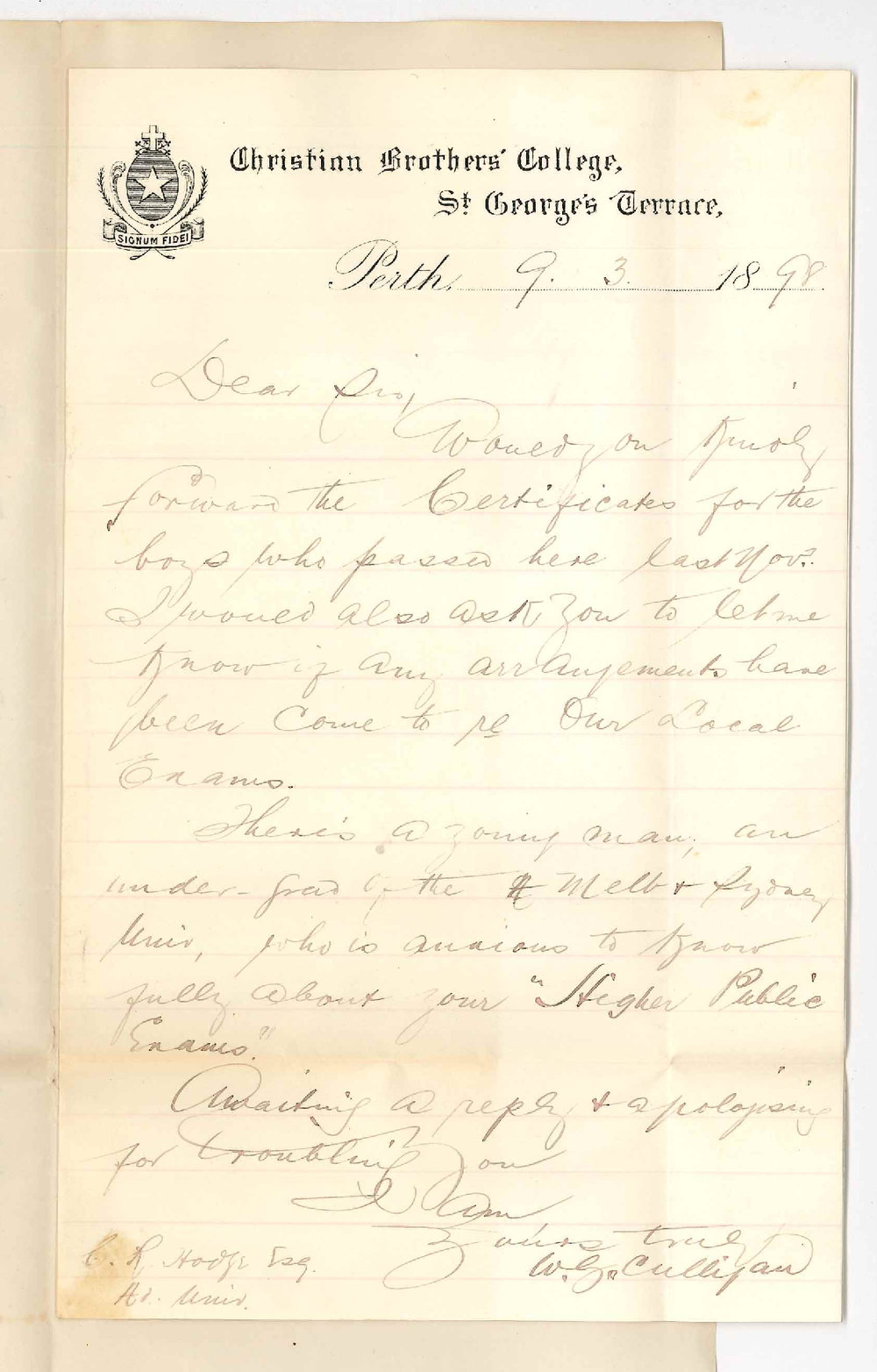 Reverend W G Culligan - Perth - Asking for Certificates and about Higher Public Exam