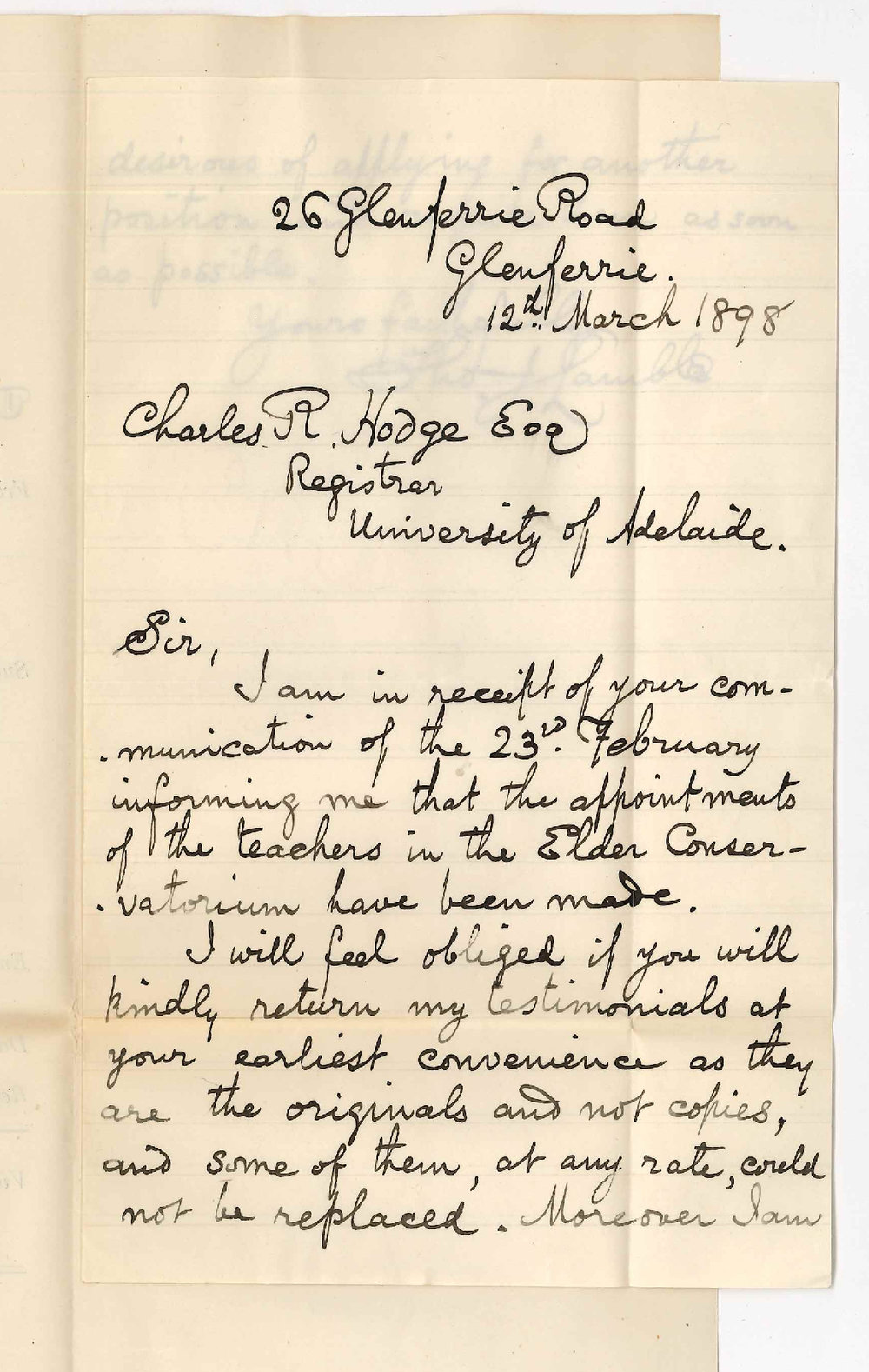 Thomas J Lamble - Victoria - Asking for return of Testimonials