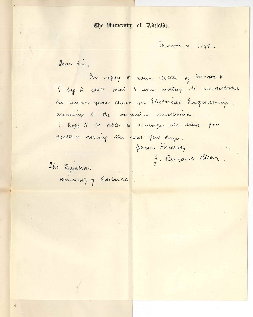 James Bernard Allen - Adelaide - Will take class in Electric Engineering 2nd Year