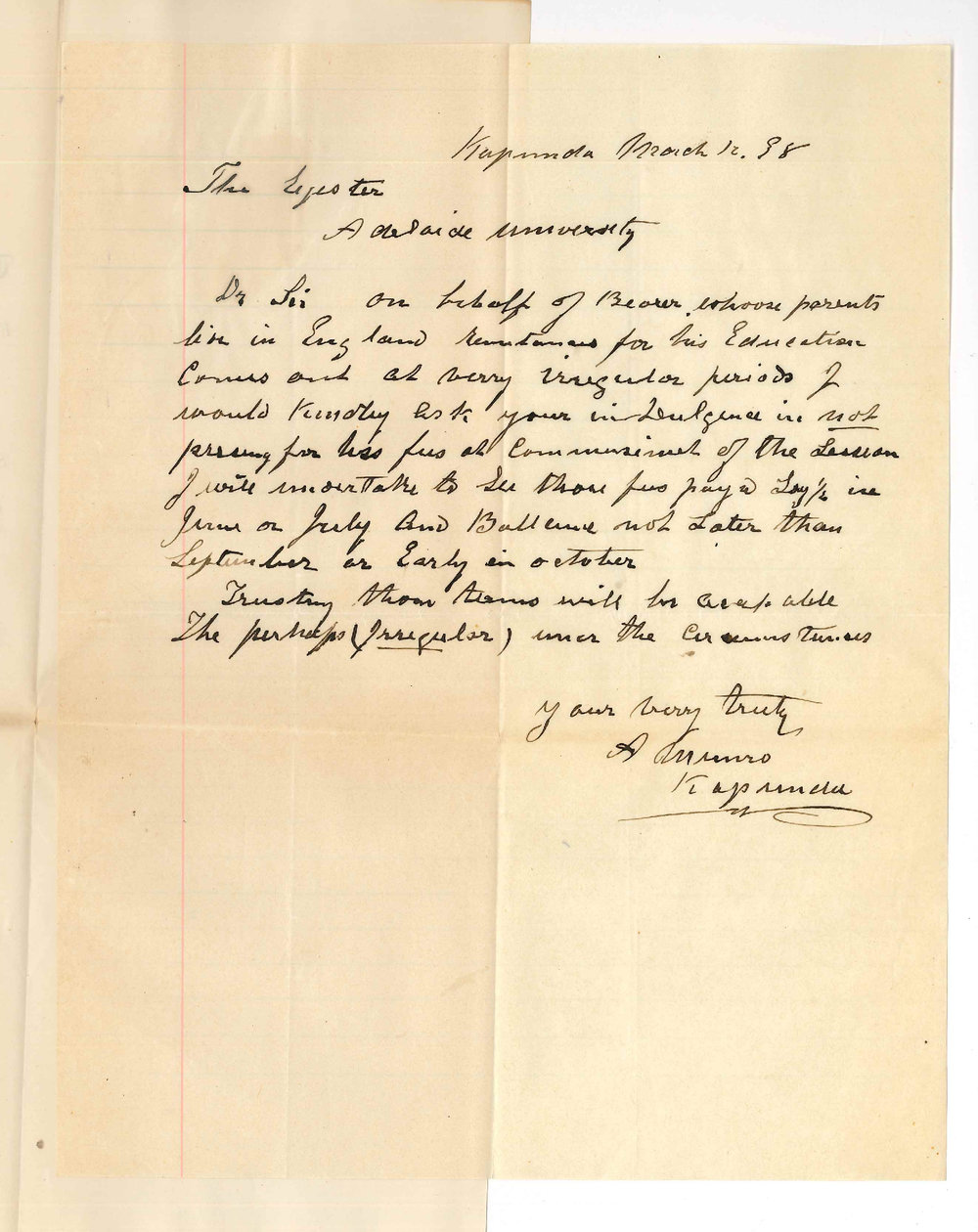 A Munro - Kapunda - Concerning payment of Urquharts fees