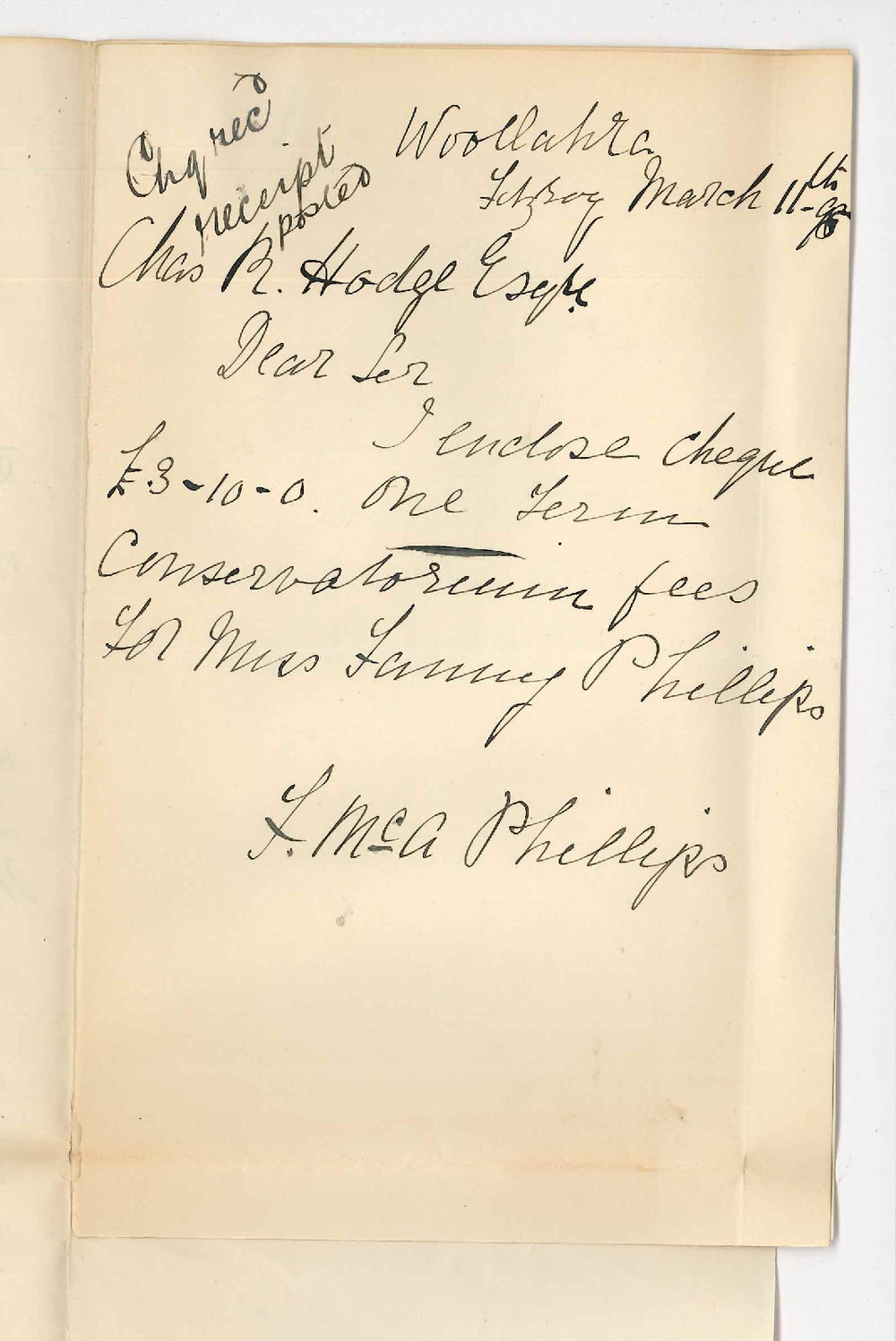 Miss Fanny Phillips - Fitzroy - Cheque for quarters Music fees