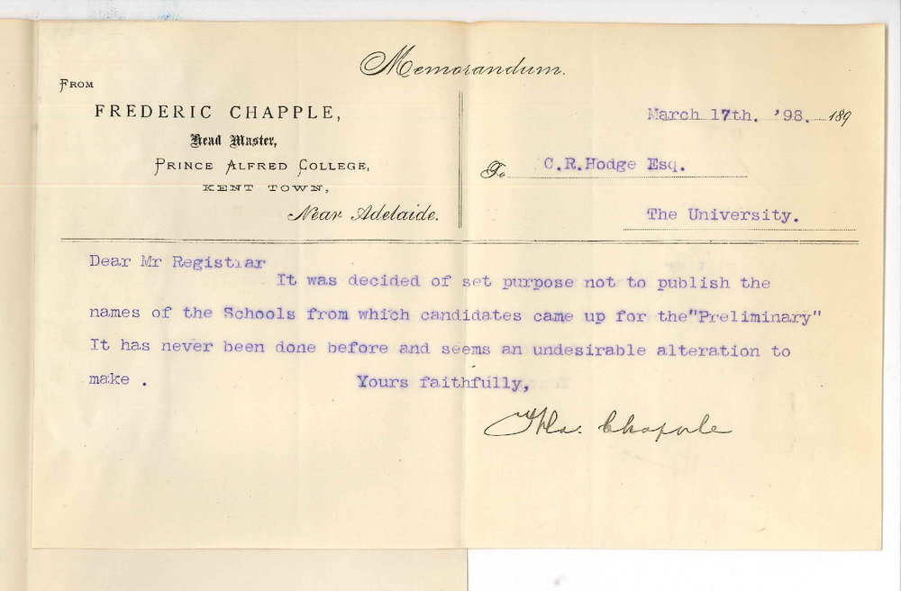 Frederick Chapple - Prince Alfred College - Calling attention to fact that names of Schools were published in Preliminary list