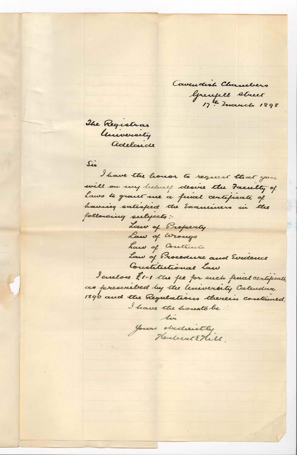 Herbert E Hill - Adelaide - Application for Final Certificate LLB Course