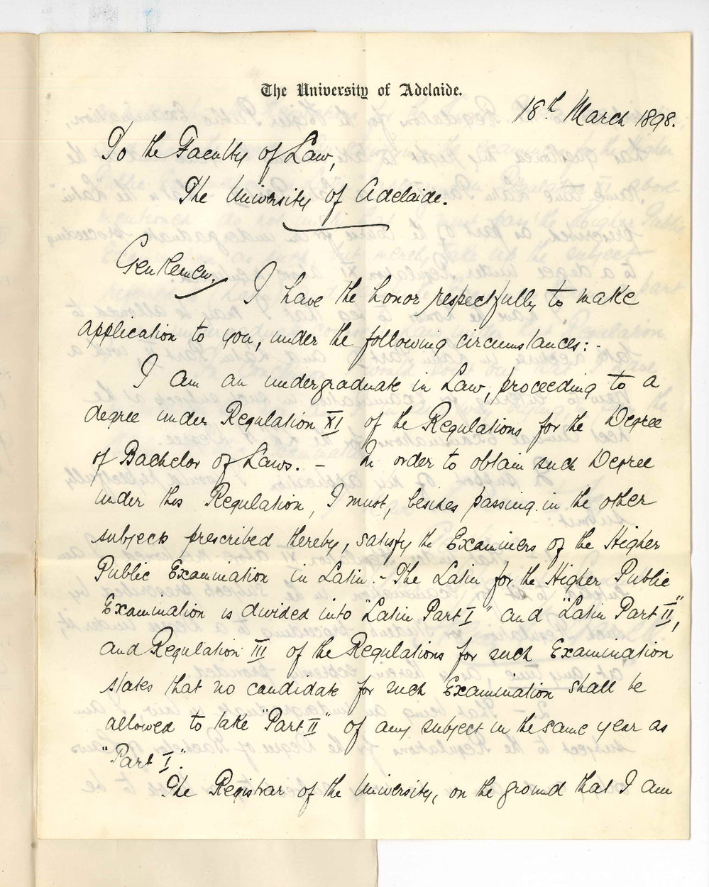 Henry N Barwell - Adelaide - Request to be allowed to sit for Exam in Latin Part 1 and Part 2 under Regulation 11 LLB degree