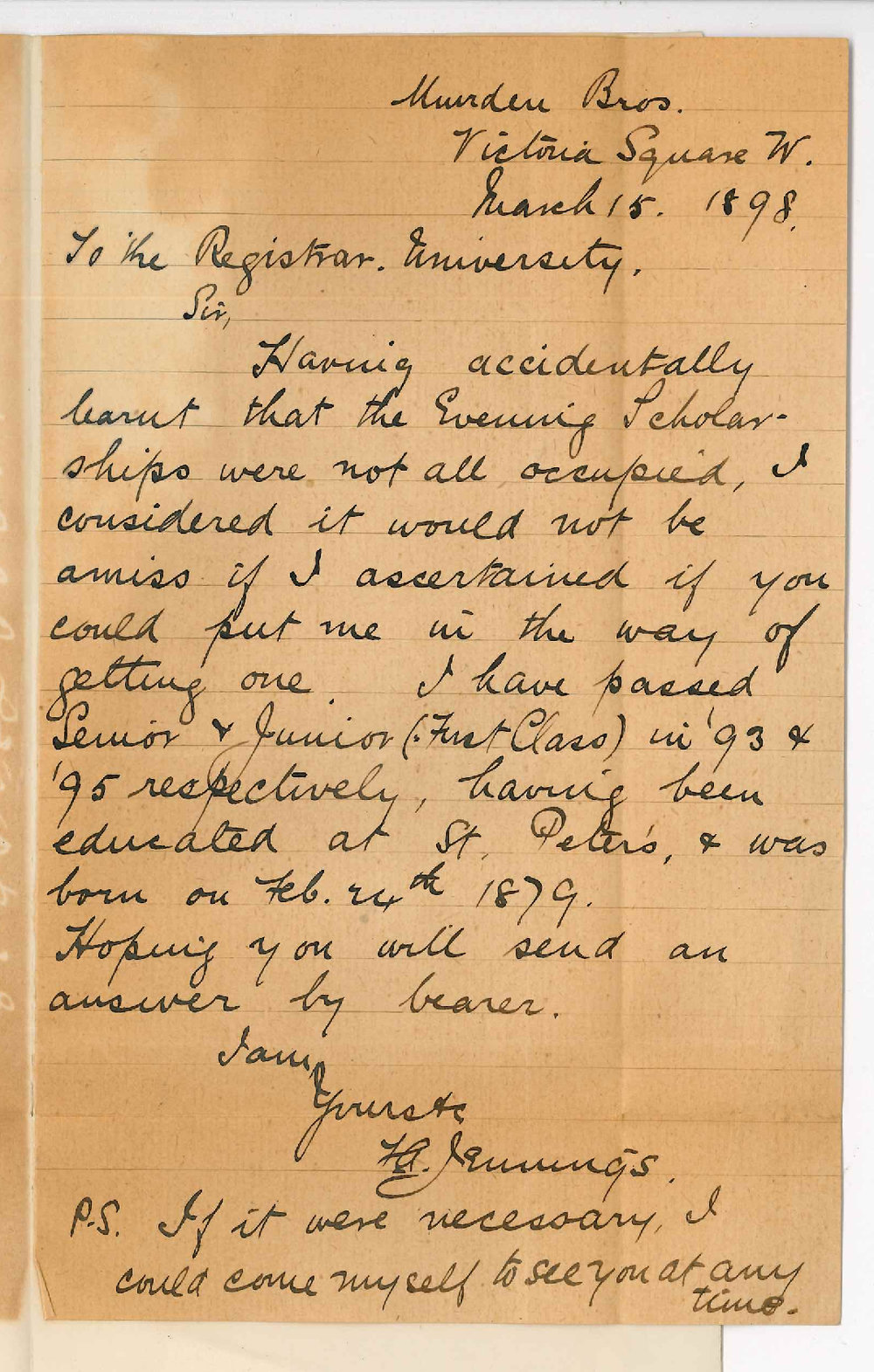 Francis Alexander Jennings - Adelaide - Application for Evening Scholarship