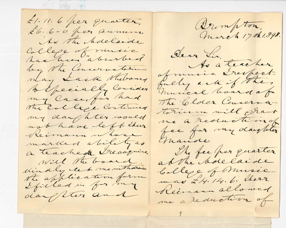 A Puddy - Asking for reduction of fees for daughter attending Conservatorium - Maude Puddy